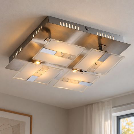 Plafonnier en verre moderne pour salon, plafonnier chromé, partiellement satiné, métal, 4x LED 4,5W 382Lm blanc chaud, LxPxH 30x30x9 cm (1/4)