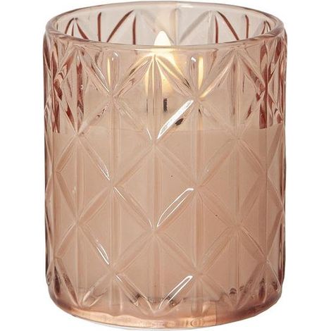 Star Trading Bougie Flamme Romb, récipient en verre rose, cire blanche, LED, minuterie, blanc chaud, 10 cm