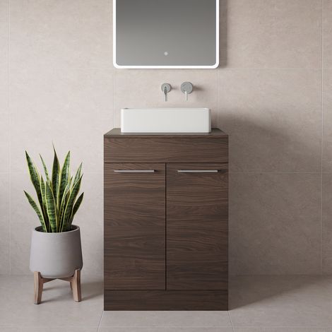 Napoli 460 Brown Oak 600mm 2 Door Vanity Unit for Countertop Basins - 600mm - Chrome 160mm Handle