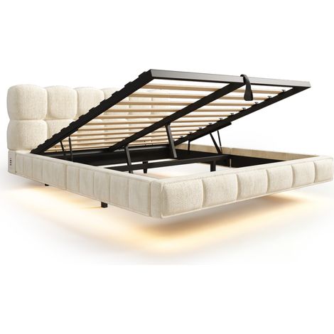Beiges Chenille-Polsterbett 140x200 cm mit Stauraum, LED und USB-C (1/5)