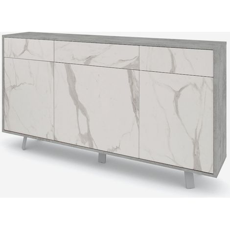 Credenza moderna 3 ante 3 cassetti da soggiorno Velbruk - Grigio - Marmo Calacatta