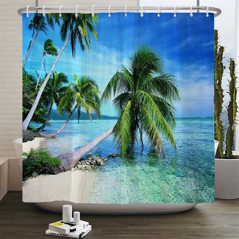 Rideau de douche 3D motif plage, rideau de salle de bain mer Méditerranée, tissu imperméable, 240 x 180 cm