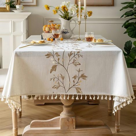 Nappe Carree Anti Tache Nappe Coton et Lin Lavable Tissu Tassel Style pour la Décoration des Tables de Cuisine, Extérieur et de Jardin(Beige,140x140cm) (1/5)