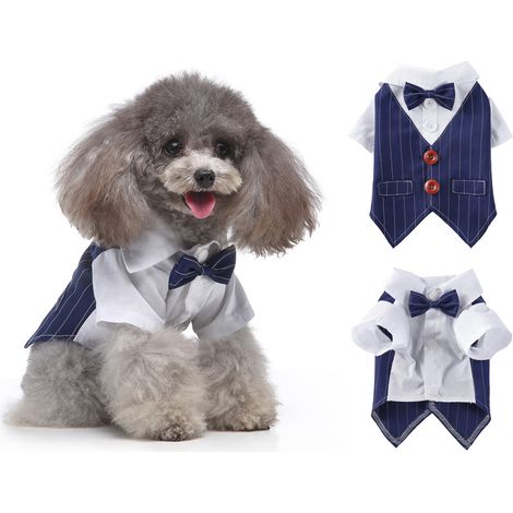 1 costume smoking pour chien, chemise habillée avec nœud papillon amovible, col et bandana, bleu, pour races petites à grandes (1/5)