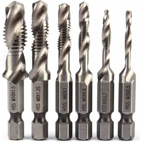 Juego de 6 brocas HSS de vástago hexagonal de 1/4", juego de machos de roscar combinados, brocas HSS M3-M10, rosca métrica para madera, hierro, aluminio y plata. (1/5)