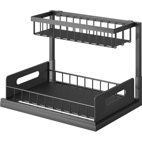 Organisateur Coulissant 2 Niveaux sous Évier, Étagère à Épices Cuisine & Tiroir de Rangement Salle de Bain, Noir (1/5)