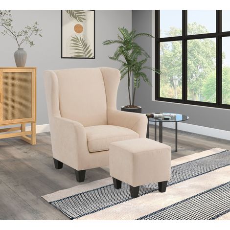 ZhiliChaise d'acent rembourrée avec tabouret en microfibre crème (1/5)