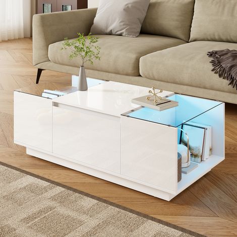 Table basse moderne 105 cm blanche LED avec rangement, plateau en verre trempé, 2 tiroirs cachés, meuble de salon rectangulaire