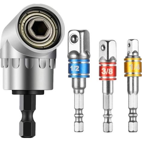 1pc Foret à Angle Droit et 3pcs Adaptateur Douille 1/2"3/8"1/4" Kit Renvoi d\'angle Visseuse de 105 Degrés Magnétique Changement Rapide Perceuse Electrique Acce, (1/5)