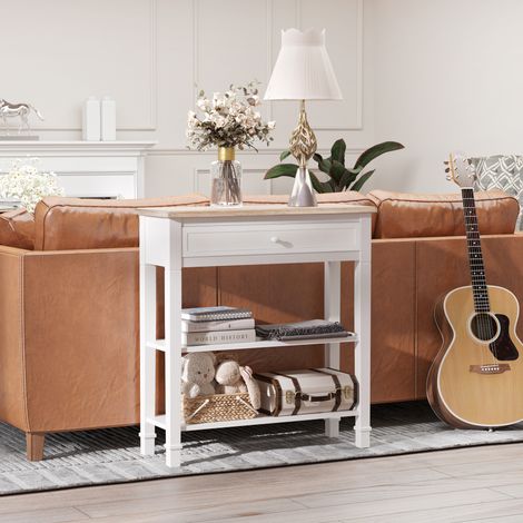 Table couleur console blanc et bois avec tiroir et 2 étagères - console d’entrée en MDF économisant de la place - 75,6 x 27,5 x 80,5 cm (1/4)