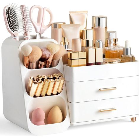 Caja organizadora de cosméticos 3 en 1 de plástico blanco, con cajones y soporte integrado para brochas. (1/5)