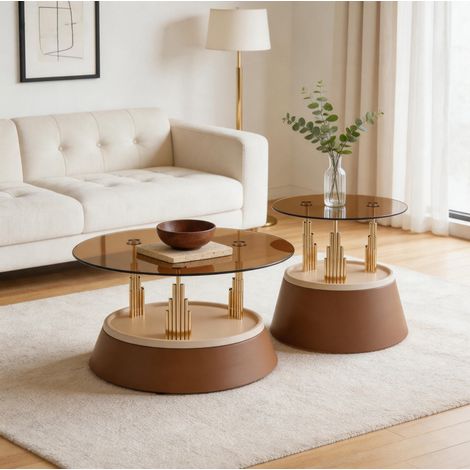 Runde 2-teilige Nisttisch-Couchtische 70x60x48 cm, gehärtetes Glas, Metall, Braun – MEUBLIV (1/5)