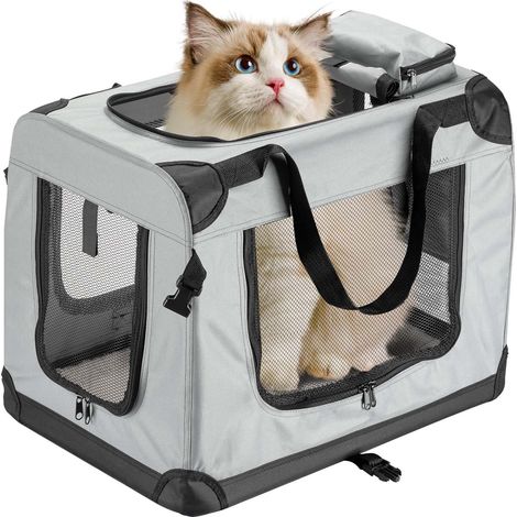 Fudajo Faltbare Transportbox für Hunde, Katzen M (60x42x44cm), robust, leicht, sicher, Hundebox mit Tragegriff und Decke, Grau