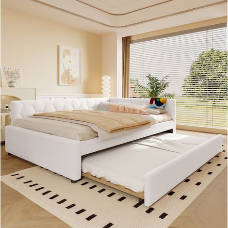 Cama nido 140x200 cm de paneles de madera blancos, ahorra espacio para dormitorio infantil (1/5)