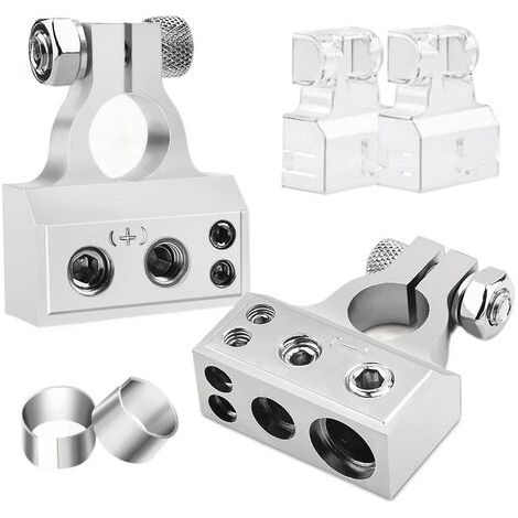 Pair - Jeu de bornes de batterie avec 2 couvercles transparents et joints pour rénovation d'autoradio, argent (1/5)