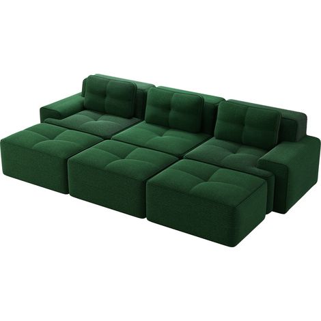 Canapé modulable 3 places en velours côtelé vert avec fonction lit et 3 poufs (1/5)