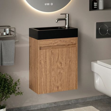Gäste-WC-Möbel Elen – 40 cm – Warme Eiche – Schwarzes Waschbecken (1/5)