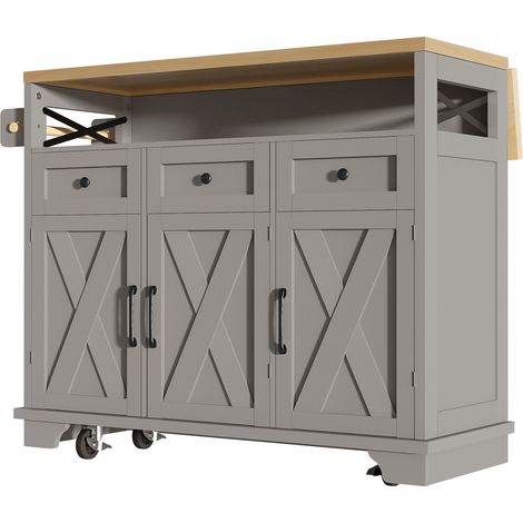 Isla de cocina gris de 118 cm con encimera abatible, ruedas y amplio almacenamiento (1/5)