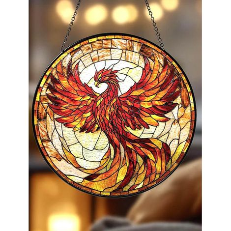 Attrape-soleil vitrail phénix 9 cm, décoration fenêtre mythique