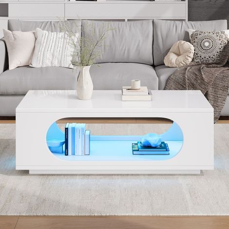 Table basse 100x50x35cm blanche MDF,LED pilotable par app,haute brillance,charge 30kg,grand rangement salon.