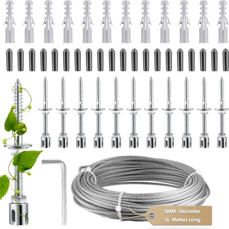 Kit Support pour Plantes Grimpantes en Acier Inoxydable, Câble 16 m Diamètre 3 mm, Treillis Mural Complet pour Jardin, Clématite, Rosier Grimpant, Tomate et Concombre (1/5)