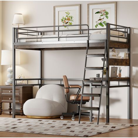 Lit 90x200 avec bureau, étagères et échelle noir HAVRYA (1/5)
