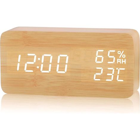 Elektronischer LED-Wecker aus Holz, Digitaluhr mit 3 Alarmeinstellungen, USB-betriebener digitaler Wecker mit Anzeige von Zeit, Temperatur und Luftfeuchtigkeit, 12/24 Stunden (1/5)