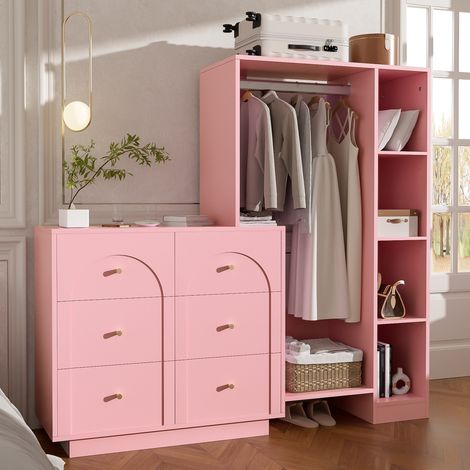 Armoire de rangement design avec penderie, 6 tiroirs et étagères latérales, meuble dressing ouvert pour chambre, couleur rose, dimensions 139 x 35 x 133 cm. (1/5)