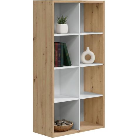 Libreria Sacramento, Mobile portalibri reversibile con 8 scomparti, Mobile Porta tv multiposizione, 72x33h137 cm, Rovere effetto nodi e Bianco