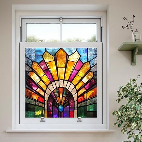 Lámina para ventanas con efecto vidriera arcoíris sin adhesivo，estilo Art Nouveau，adhesivo estático removible para ventanas，50 x 71 cm (1/5)