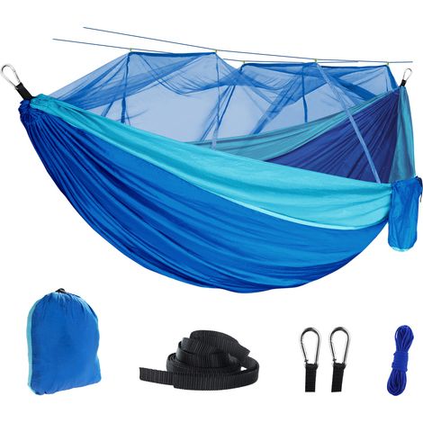Hamac de camping, hamac portable avec filet, tissu en nylon, idéal pour les voyages de randonnée en plein air, 260 x 140 cm, bleu royal et bleu ciel (1/5)