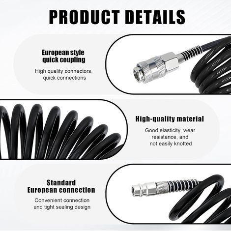6 Mètres Tuyau Compresseur D'air, PU Flexible Compresseur Air, Équipé D'un Raccord Rapide 1/4 Pouce, Antidéflagrant Tuyau Compresseur, Diamètre 5 × 8 mm (Pression Maximale 10 bar) (Noir) (1/4)