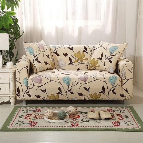 Housse De Canapé En Polyester Revêtement De Canapé Elasticité Stretch Protecteur De Canapé Slipcover (3 Places, Feuilles Beiges)Il y a 2 taies d'oreiller (1/5)