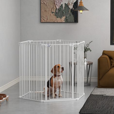 Barrière pour chiens moyens et grands, pliable avec double verrouillage de sécurité, en métal et plastique réglable, 123 x 102 x 100 cm, blanche (1/5)