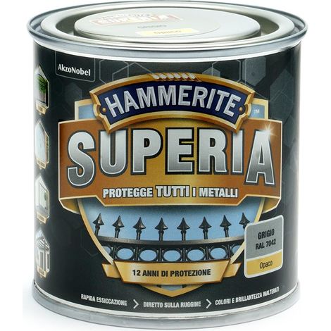 Hammerite Superia smalto metallo antiruggine interno e esterno, Opaco Grigio, 250 ml (1/2)