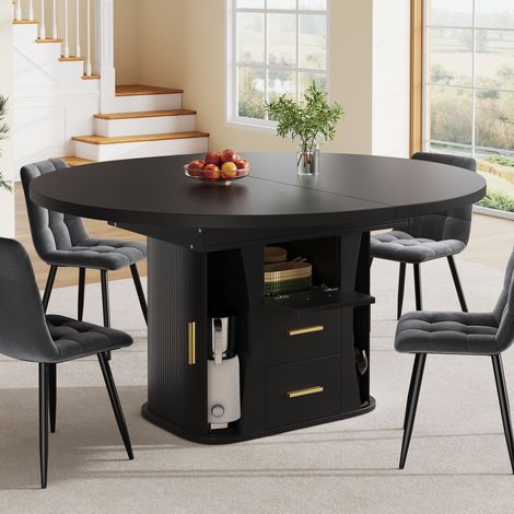 Table extensible ronde noir, table à manger cuisine, 118-158 cm ovale, 6 couverts, rangement 3 niveaux, design moderne (1/5)