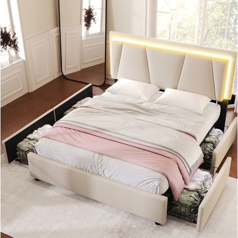 DESVIAE Lit double capitonné avec led et 4 tiroirs tête de lit réglable en hauteur sommier à lattes en bois 160 x 200 cm beige (1/5)