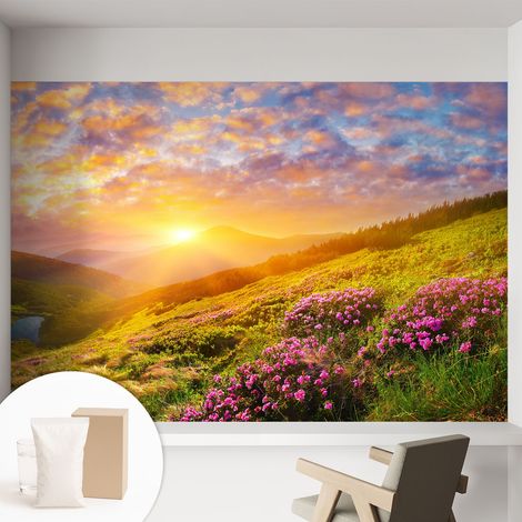 Papier peint avec colle pour décoration moderne de salon chambre à coucher cuisine et bureau Facile Coucher de soleil en montagne 152x104 cm (1/5)