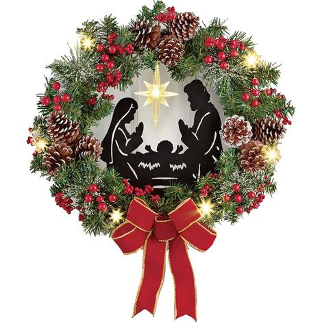 Jeffergarden Couronne de nol avec Jésus, cne de pin et baies rouges, scène de la nativité, guirlande lumineuse LED, décorations de vacances mixtes (1/5)