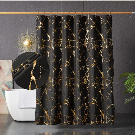 Rideau de Douche en Tissu imperméable et Lavable avec Crochets pour Salle de Bain Motif marbre Noir et doré 183 x 183 cm (1/5)