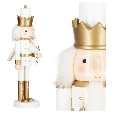 Dziađek do orzechów 30,5 cm con bastone di legno, soldatino d'oro, statuetta natalizia.
