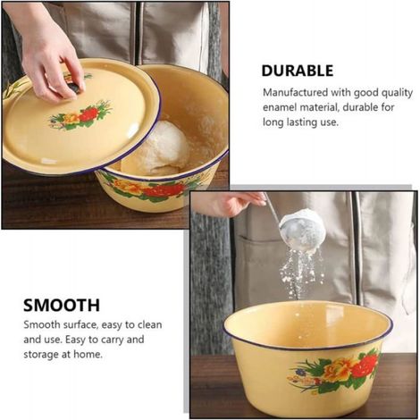 Bol en Émail Chinois, Vintage Émail Soupe Bol avec Couvercle, Mixing Bowl pour la Cuisine Ronde Salade Bol de Service, 19.5x19.5cm (1/4)