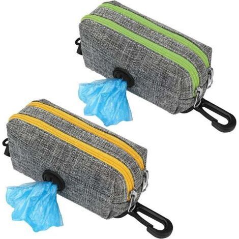 Distributeur de sac poubelle pour chien avec 2 fermetures éclair, fermeture à ressort et crochet durable en tissu Oxford pour chien, marche, course, randonnée (2 pièces) (1/5)
