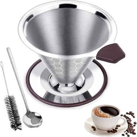 Wiederverwendbarer Kaffeefilter aus Edelstahl – papierloser Kaffeefilter für die manuelle Zubereitung, inklusive Teelöffel.