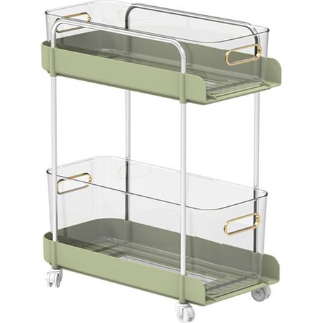 Chariot roulant 2 étagères, grande capacité, meuble de rangement mobile vert étroit pour livres, nourriture, cuisine, maison (1/5)