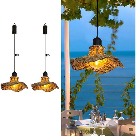 Lot de 2 lustres LED vintage en rotin, style bohème fait main, alimentés par piles/sans télécommande, 18,5 x 7,5 cm, lumière chaude