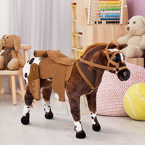 Cheval Debout en Peluche Effets sonores hennissement et Galop Selle étrier rênes 85Lx28lx60H Marron Blanc (1/4)