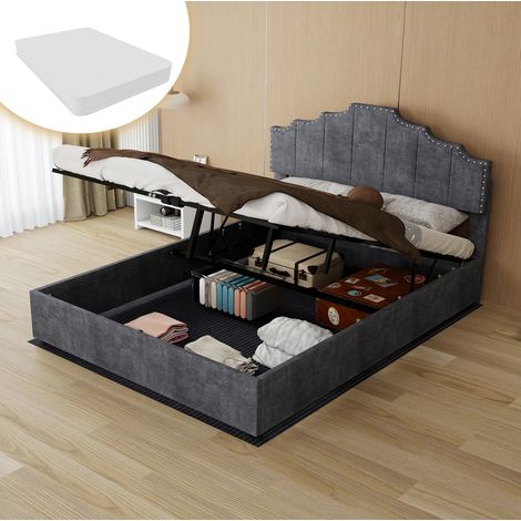 DESVIAE Lit rembourré avec matelas 140 x 200 cm tête de lit géométrique tissu gris sommier à lattes structure métal et bois coffre de rangement relevable vérin pneumatique (1/5)