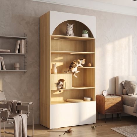 Armadio per gatti con area di arrampicata e contenitore 90 x 50 x 202 cm, bianco effetto legno (1/5)