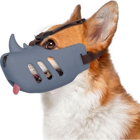 Muselière anti-morsure pour chien – Muselière souple pour chiens avec sangle réglable, cage en silicone respirante, tailles petite et moyenne (rhinocéros gris, taille L). (1/5)